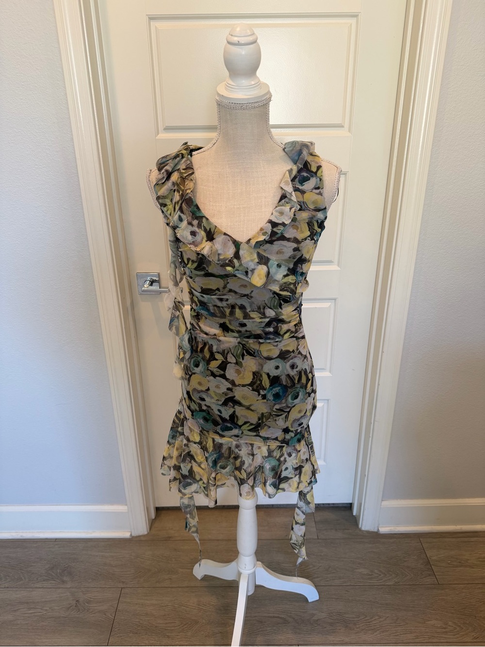 Zara Floral Ruffle V-Neck Mini Dress in Yellow, Green, Blue